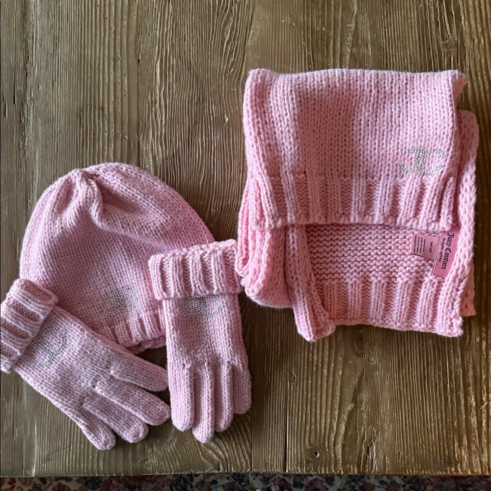 Juicy Couture Soft Pink Knit Hat, Scarf, and Gloves Set